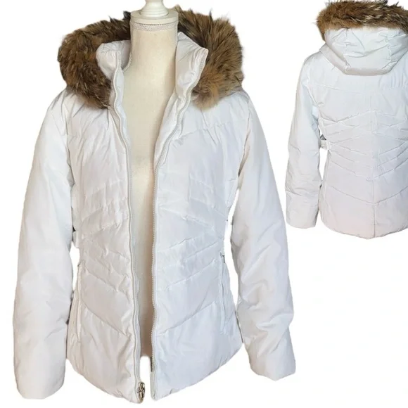 Vintage Anne Klein White Down Hooded Ski Jacket Puffy Parka Real Fur Trim Sz S - Picture 15 of 15
